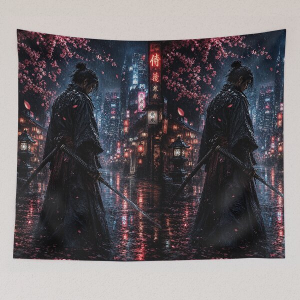 Item preview, Cyberpunk Samurai Rain Night Cherry Blossom Neon City Katana Dark Aesthetic designed and sold by irfanshikh.