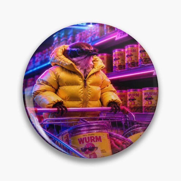 Item preview, Cool bird in a neon supermarket – quirky cyberpunk animal motif with worm cans designed and sold by Gletschie.