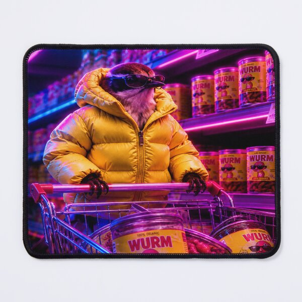 Item preview, Cool bird in a neon supermarket – quirky cyberpunk animal motif with worm cans designed and sold by Gletschie.