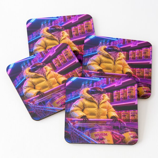 Item preview, Cool bird in a neon supermarket – quirky cyberpunk animal motif with worm cans designed and sold by Gletschie.