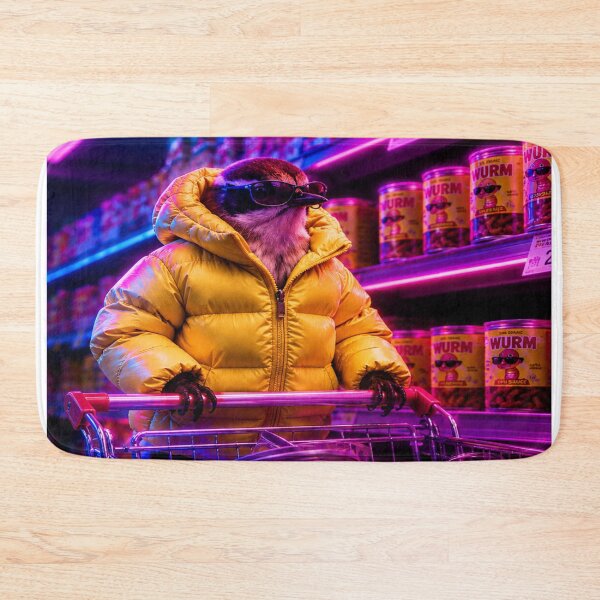 Item preview, Cool bird in a neon supermarket – quirky cyberpunk animal motif with worm cans designed and sold by Gletschie.
