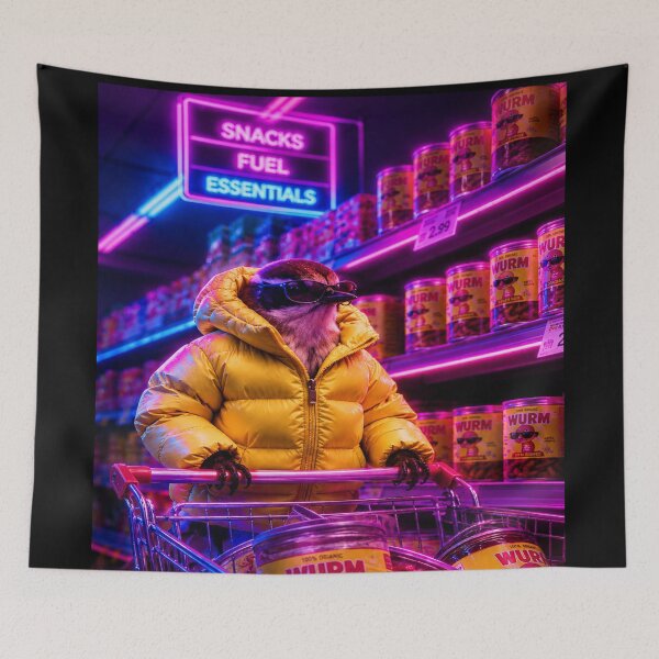 Item preview, Cool bird in a neon supermarket – quirky cyberpunk animal motif with worm cans designed and sold by Gletschie.