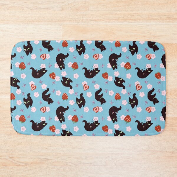 Item preview, Sky Blue Cute Strawberry and Flowers Black Cat designed and sold by GinandFizzy.