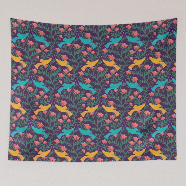 Item preview, Freehand Bird on a Bush with Red Flowers - Dark Purple Background designed and sold by NaliniLe.