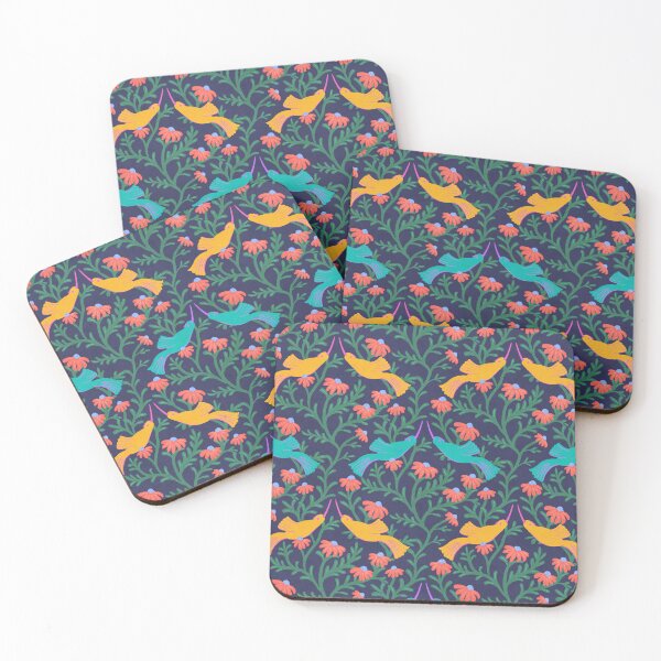 Item preview, Freehand Bird on a Bush with Red Flowers - Dark Blue Background designed and sold by NaliniLe.