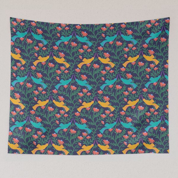 Item preview, Freehand Bird on a Bush with Red Flowers - Dark Blue Background designed and sold by NaliniLe.