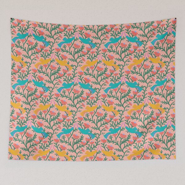 Item preview, Freehand Bird on a Bush with Red Flowers - Peach Background designed and sold by NaliniLe.