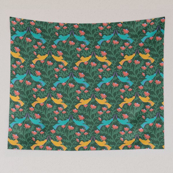 Item preview, Freehand Bird on a Bush with Red Flowers - Green Background designed and sold by NaliniLe.