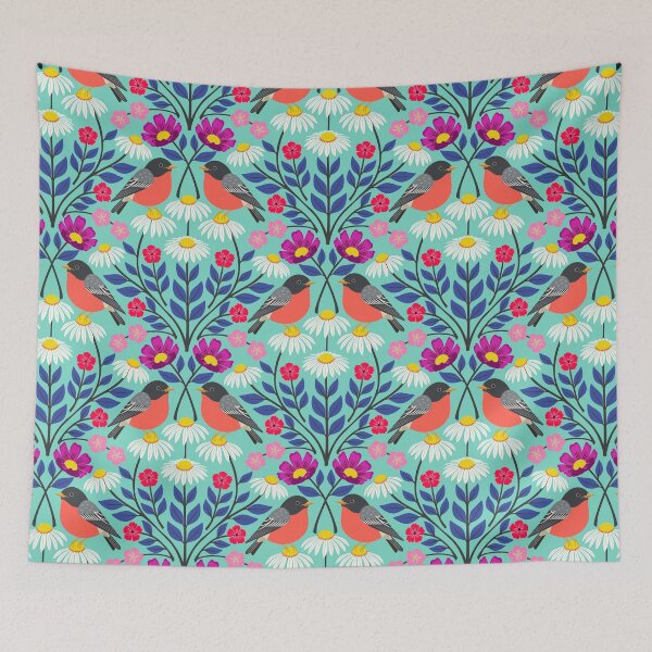 Item preview, Spring robins and wildflowers on turquoise designed and sold by Jennifer Ladd.