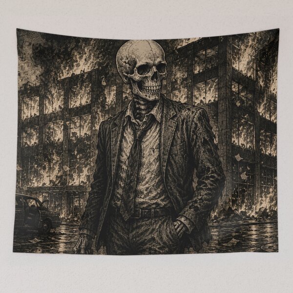 Item preview, Corporate Hell Skeleton Suit Burning Office Vintage Tapestry designed and sold by DarkOriginArts.