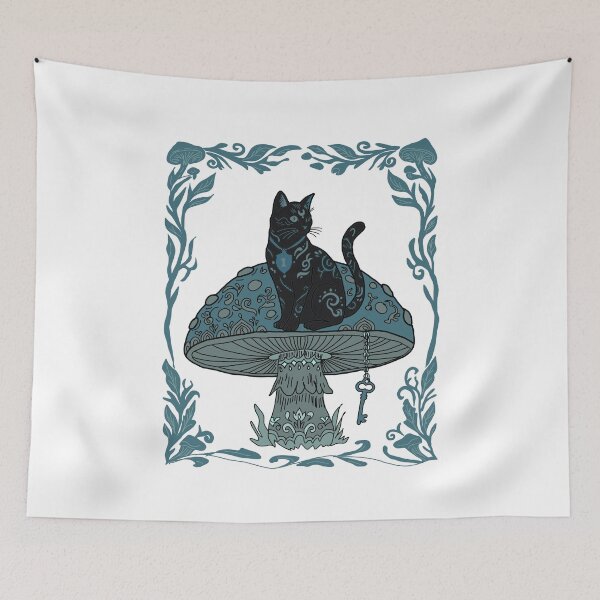 Item preview, Black Cat on Magic Mushroom Whimsigoth Folk Art  designed and sold by LeshanArt.