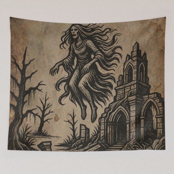 Item preview, Banshee Ghost Haunting Gothic Ruins Medieval Tapestry designed and sold by DarkOriginArts.
