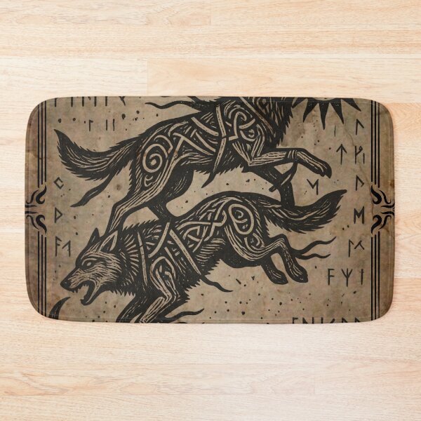 Item preview, Norse Wolves Hati and Skoll Futhark Runes Medieval Tapestry designed and sold by DarkOriginArts.