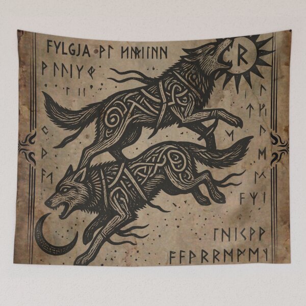 Item preview, Norse Wolves Hati and Skoll Futhark Runes Medieval Tapestry designed and sold by DarkOriginArts.