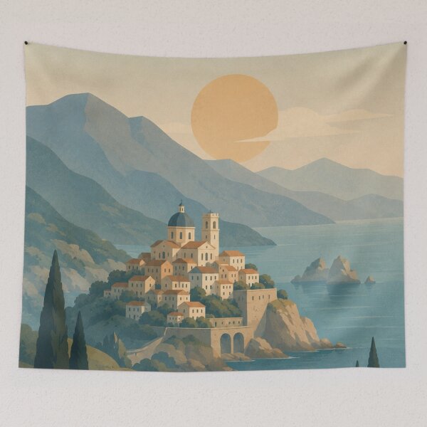 Item preview, Mediterranean Coastal Village Sunset Travel Poster designed and sold by Creative_Canvas.