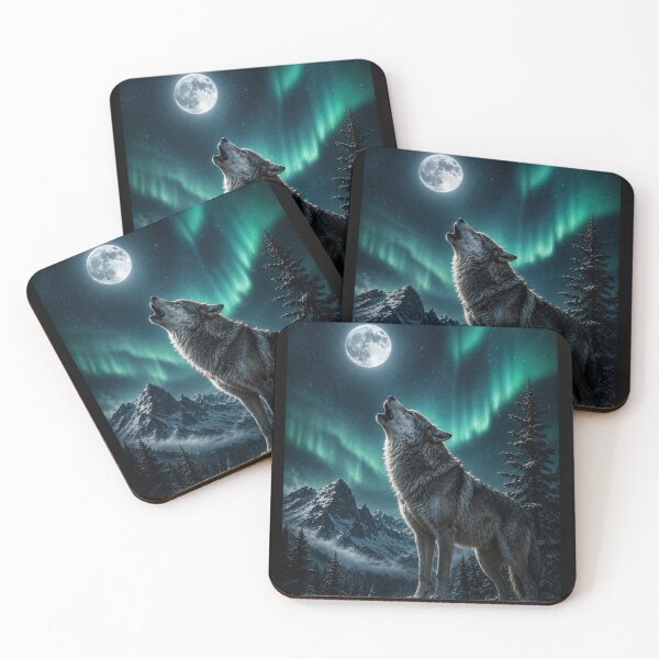 Item preview, Wolf Howling Moon Northern Lights Aurora Borealis Winter Mountain Night Sky designed and sold by irfanshikh.