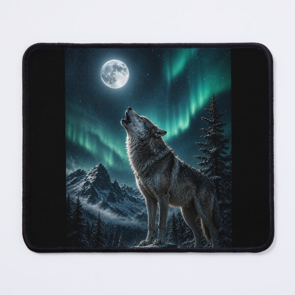 Item preview, Wolf Howling Moon Northern Lights Aurora Borealis Winter Mountain Night Sky designed and sold by irfanshikh.