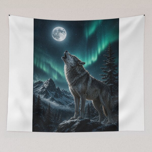 Item preview, Wolf Howling Moon Northern Lights Aurora Borealis Winter Mountain Night Sky designed and sold by irfanshikh.