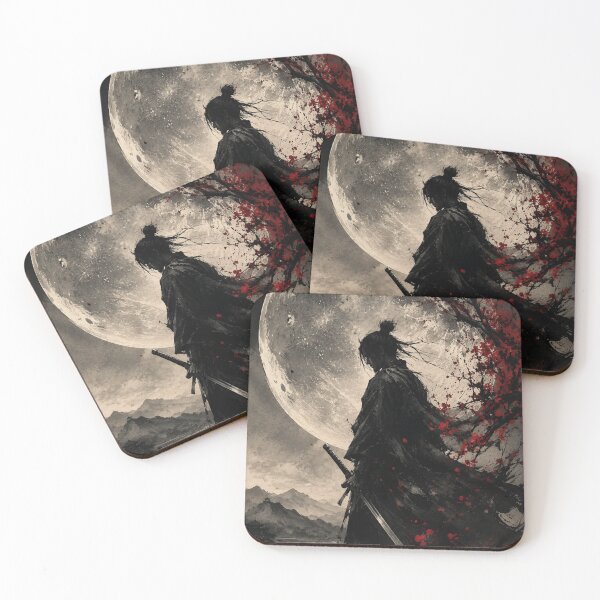 Item preview, Samurai Moon Ink Art Black Red Cherry Blossom Japanese Dark Aesthetic Warrior designed and sold by irfanshikh.