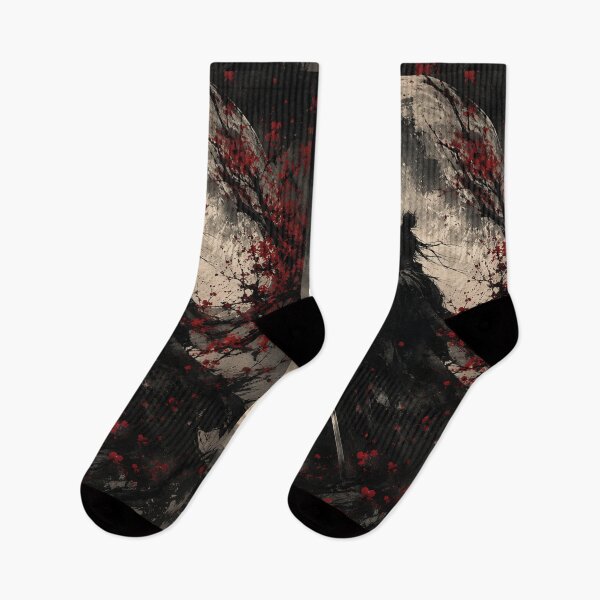 Item preview, Samurai Moon Ink Art Black Red Cherry Blossom Japanese Dark Aesthetic Warrior designed and sold by irfanshikh.