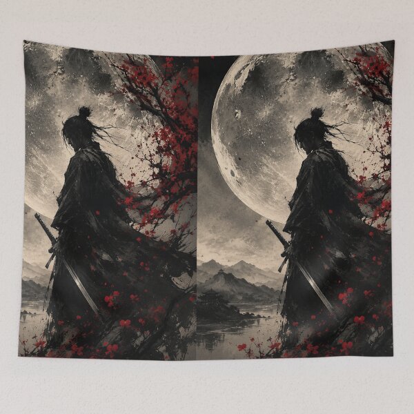Item preview, Samurai Moon Ink Art Black Red Cherry Blossom Japanese Dark Aesthetic Warrior designed and sold by irfanshikh.