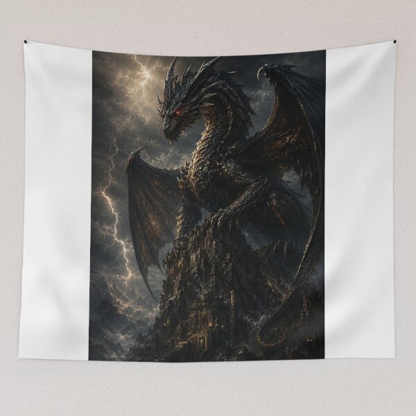Item preview, Dark Dragon Lightning Storm Fantasy Castle Black Gold Epic Dragon Art Poster designed and sold by irfanshikh.