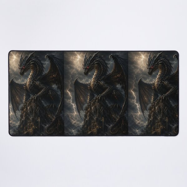 Item preview, Dark Dragon Lightning Storm Fantasy Castle Black Gold Epic Dragon Art Poster designed and sold by irfanshikh.