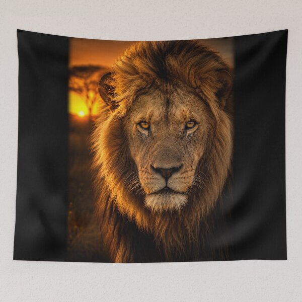 Item preview, Majestic Lion Sunset Portrait African Safari Wildlife King Art Golden Hour designed and sold by irfanshikh.