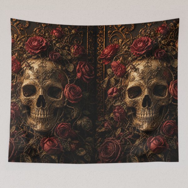 Item preview, Gothic Skull Red Roses Gold Dark Floral Art Skull Poster Halloween Dark Aesthetic designed and sold by irfanshikh.