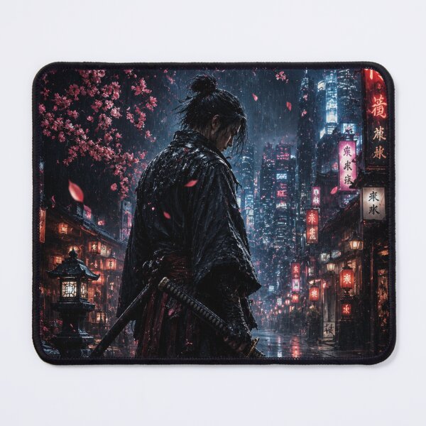 Item preview, Red Neon Samurai Rain Night Cherry Blossom Cyberpunk Japan Dark Aesthetic Katana designed and sold by irfanshikh.