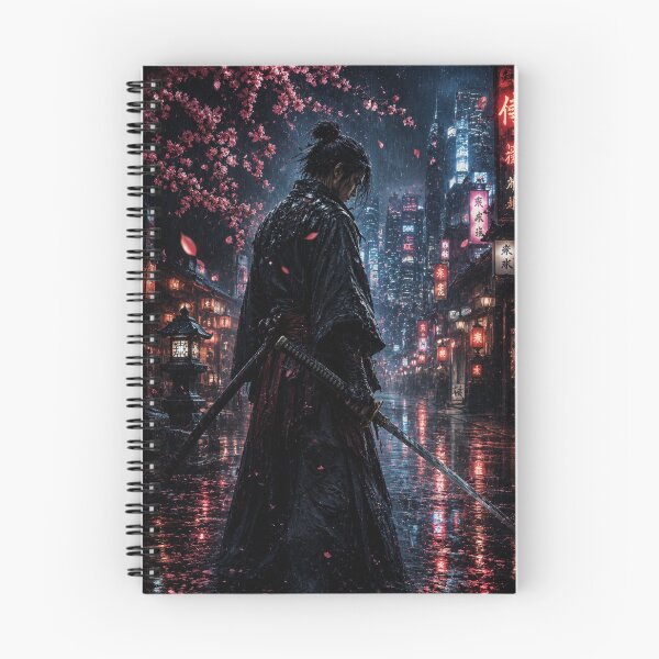 Item preview, Red Neon Samurai Rain Night Cherry Blossom Cyberpunk Japan Dark Aesthetic Katana designed and sold by irfanshikh.