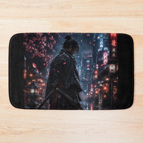 Item preview, Red Neon Samurai Rain Night Cherry Blossom Cyberpunk Japan Dark Aesthetic Katana designed and sold by irfanshikh.