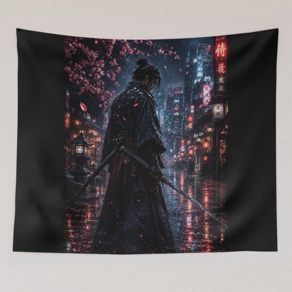 Item preview, Red Neon Samurai Rain Night Cherry Blossom Cyberpunk Japan Dark Aesthetic Katana designed and sold by irfanshikh.