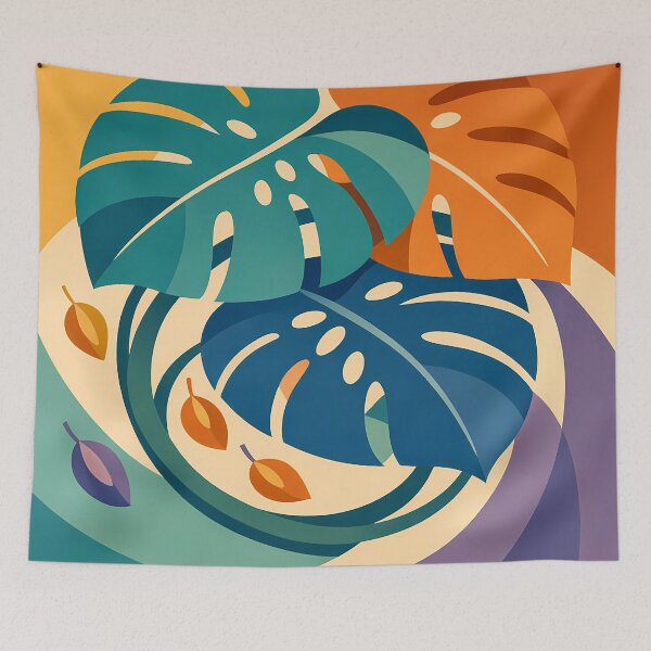 Item preview, Bold Monstera Leaves in Teal and Orange designed and sold by InkSmithery.