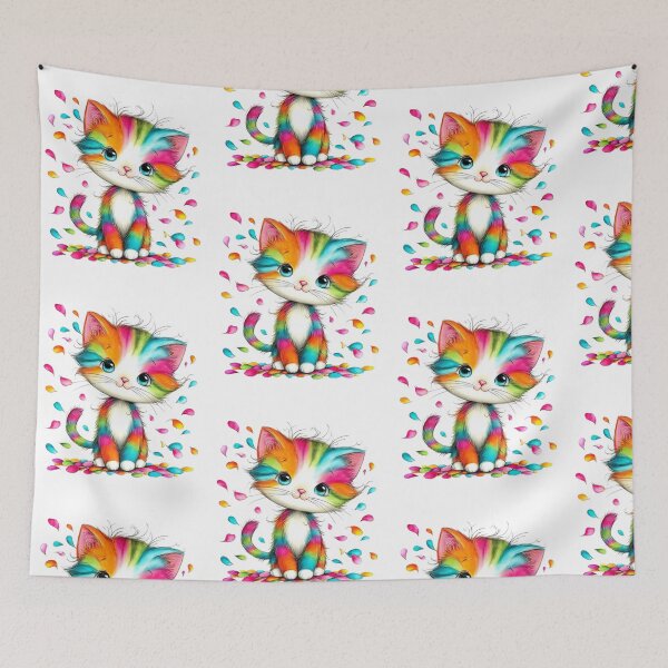 Item preview, Rainbow Kitten with Falling Petals - Colorful Vibrant Cat Art designed and sold by Pani Kara.