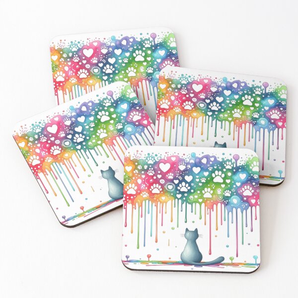 Item preview, Rainbow Drip Cat Art - Surreal Silhouette with Hearts & Paw Prints designed and sold by Pani Kara.