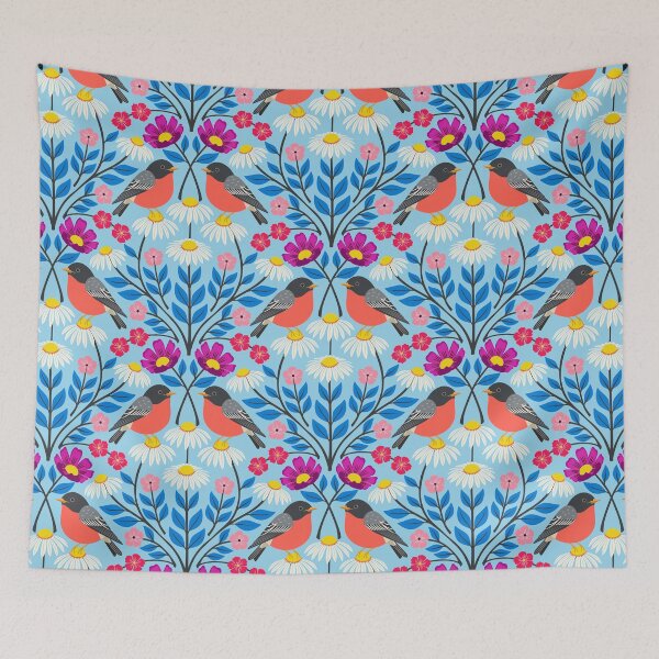 Item preview, Spring robins and wildflowers on light blue designed and sold by Jennifer Ladd.