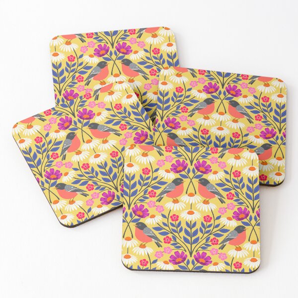 Item preview, Spring robins and wildflowers on yellow  designed and sold by Jennifer Ladd.