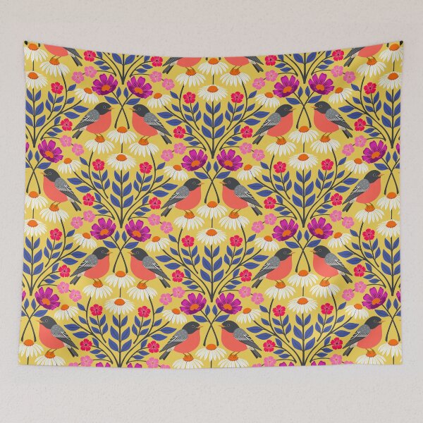 Item preview, Spring robins and wildflowers on yellow  designed and sold by Jennifer Ladd.