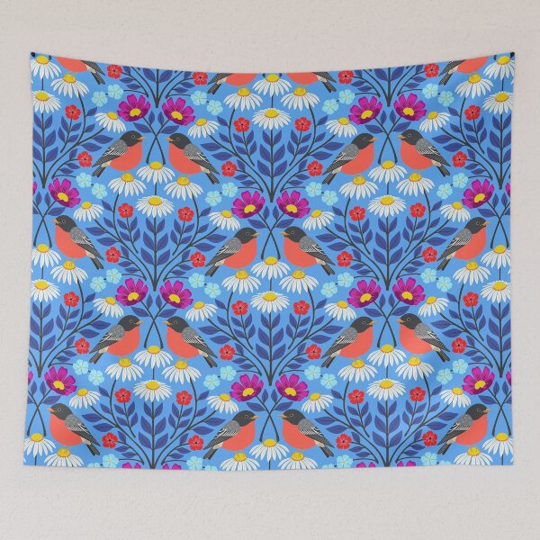 Item preview, Spring robins and wildflowers on blue designed and sold by Jennifer Ladd.