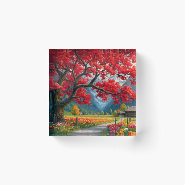 Item preview, Vibrant Autumn Scene with Red Maple and Mountains designed and sold by Artessie.