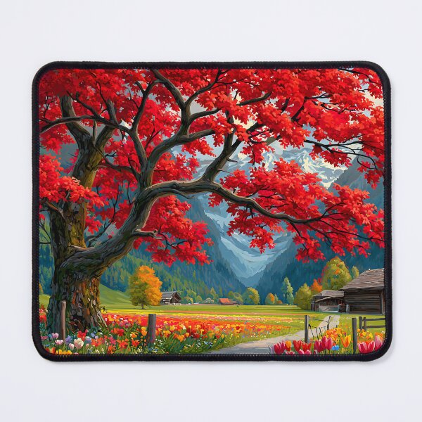 Item preview, Vibrant Autumn Scene with Red Maple and Mountains designed and sold by Artessie.