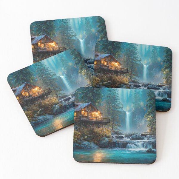 Item preview, Serene Mountain Cabin with Waterfall at Dusk designed and sold by Artessie.
