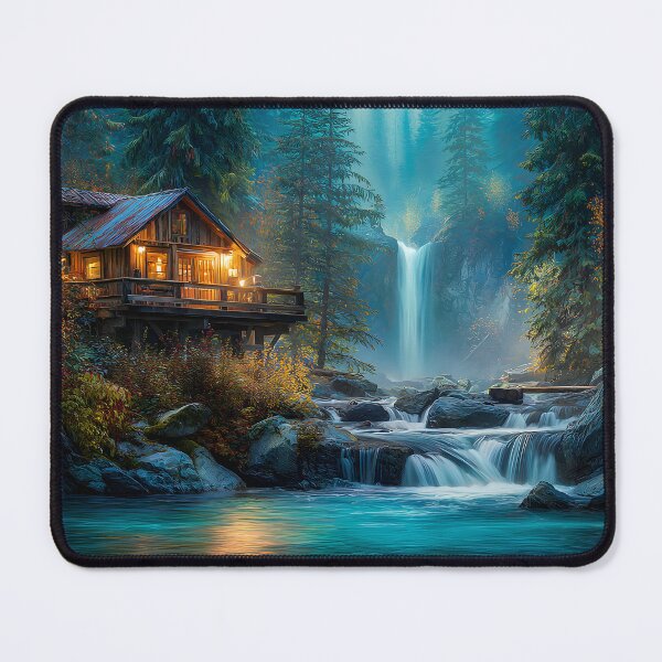 Item preview, Serene Mountain Cabin with Waterfall at Dusk designed and sold by Artessie.