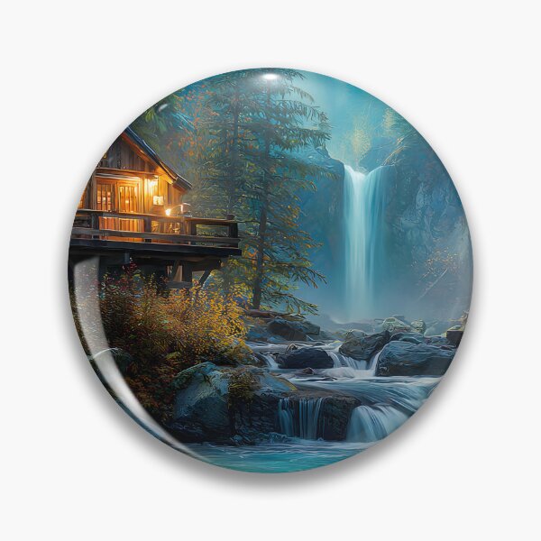 Item preview, Serene Mountain Cabin with Waterfall at Dusk designed and sold by Artessie.
