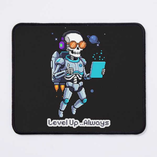 Item preview, "Level Up Always" Cyberpunk Pixel Art Gamer Skeleton Jetpack designed and sold by Cipher & Soul.
