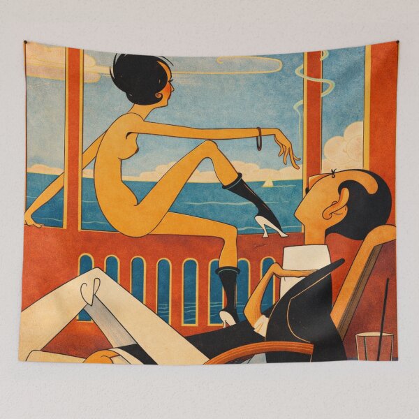 Item preview, Fashion Illustration Art Deco Couple Balcony Scene for Vintage Style Lovers designed and sold by RickE.