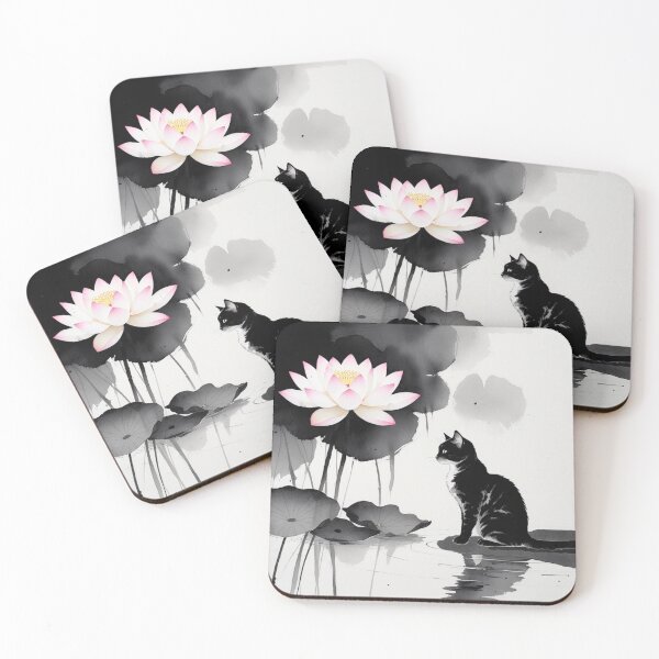 Item preview, Lotus and Cat Ink Wash – Elegant Sumi-e Style Art designed and sold by LEO'S CREATURE　れおずくりーちゃー.