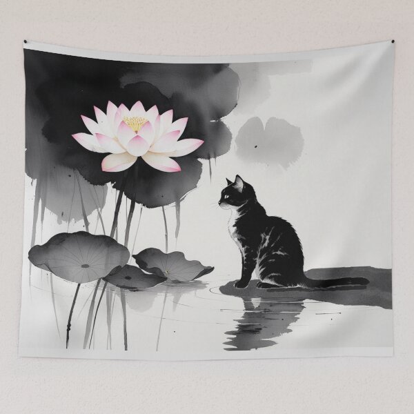 Item preview, Lotus and Cat Ink Wash – Elegant Sumi-e Style Art designed and sold by LEO'S CREATURE　れおずくりーちゃー.