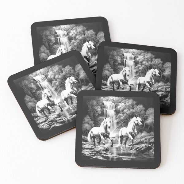 Item preview, Two White Horses by Waterfall – Black and White Fantasy Equestrian Art designed and sold by inkoutninja.
